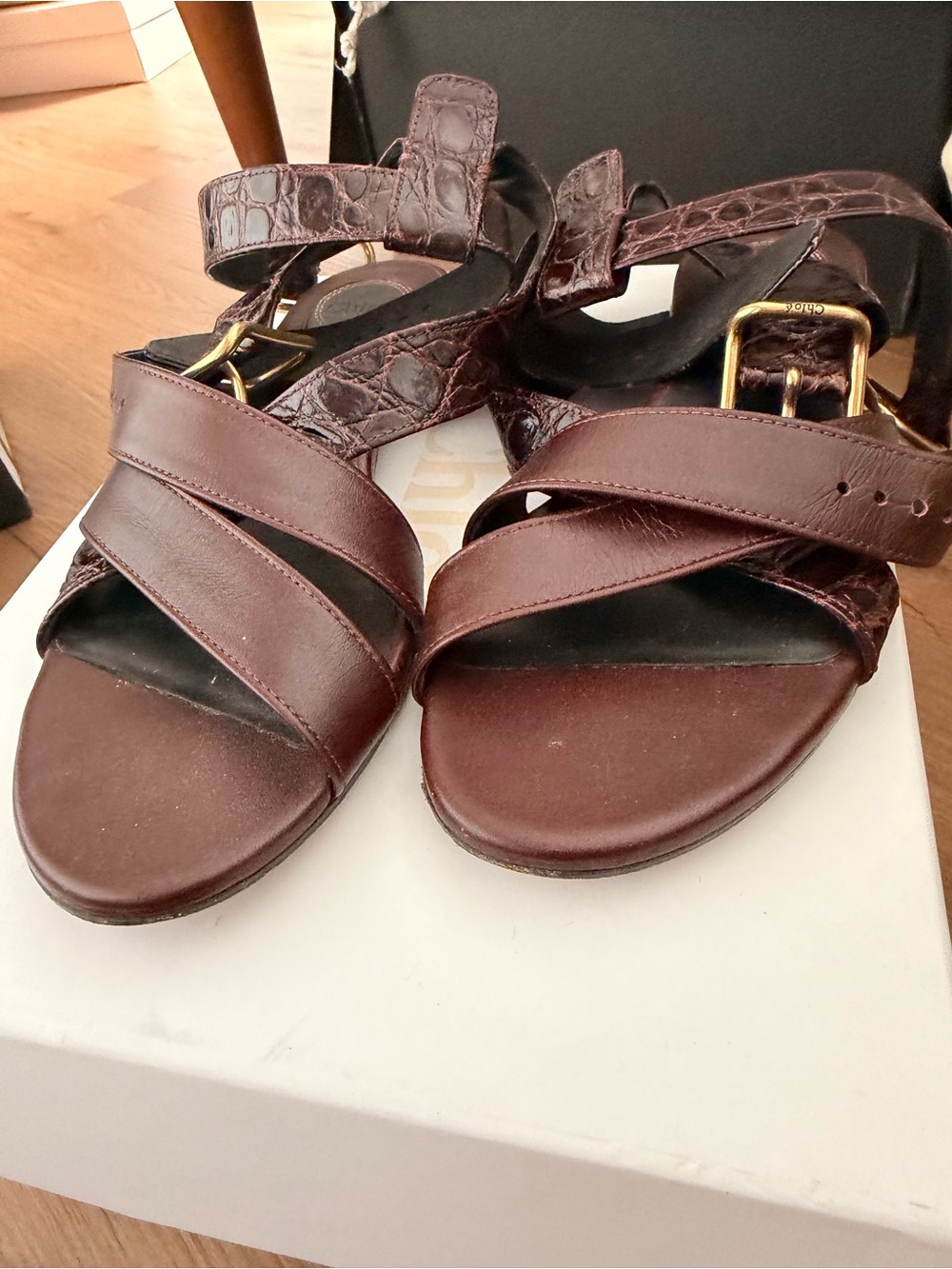 Chloe Brown Leather Crisscross Buckle Sandals